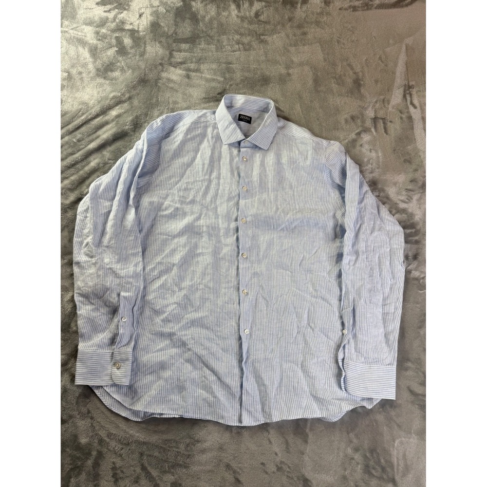 ZZegna Premium Luxury Button Up Dress Shirt Mens Sz XXL Light Blue Striped